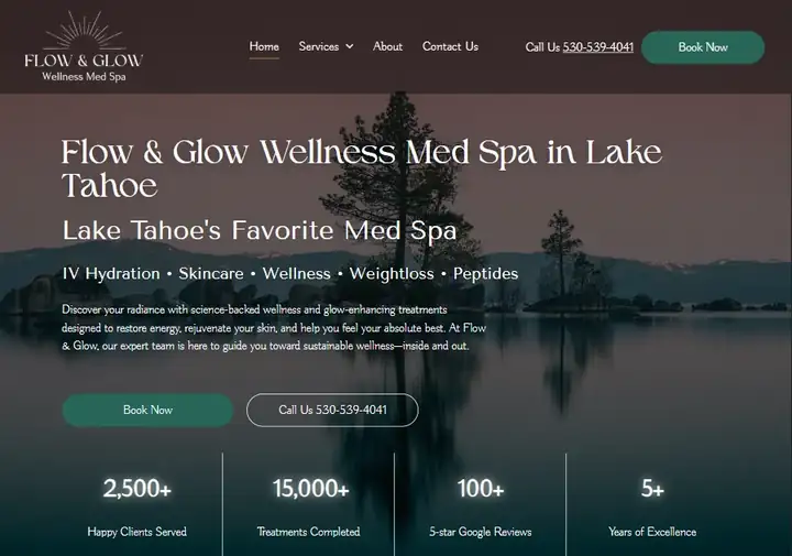 Flow and Glow Med Spa Lake Tahoe wellness website homepage mockup